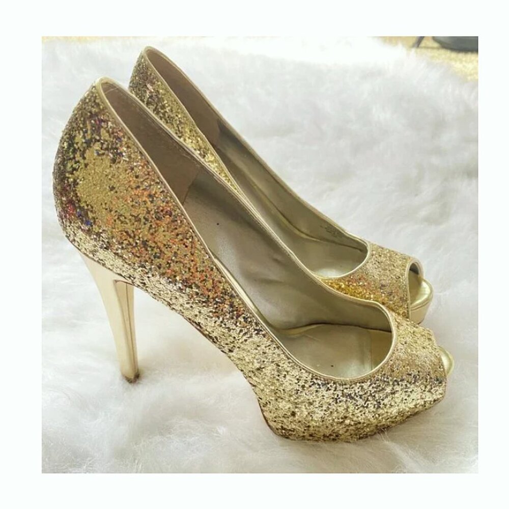 Guess Gaby Gale Glitter Gold Peep Toe Heels Pumps Size 7.5